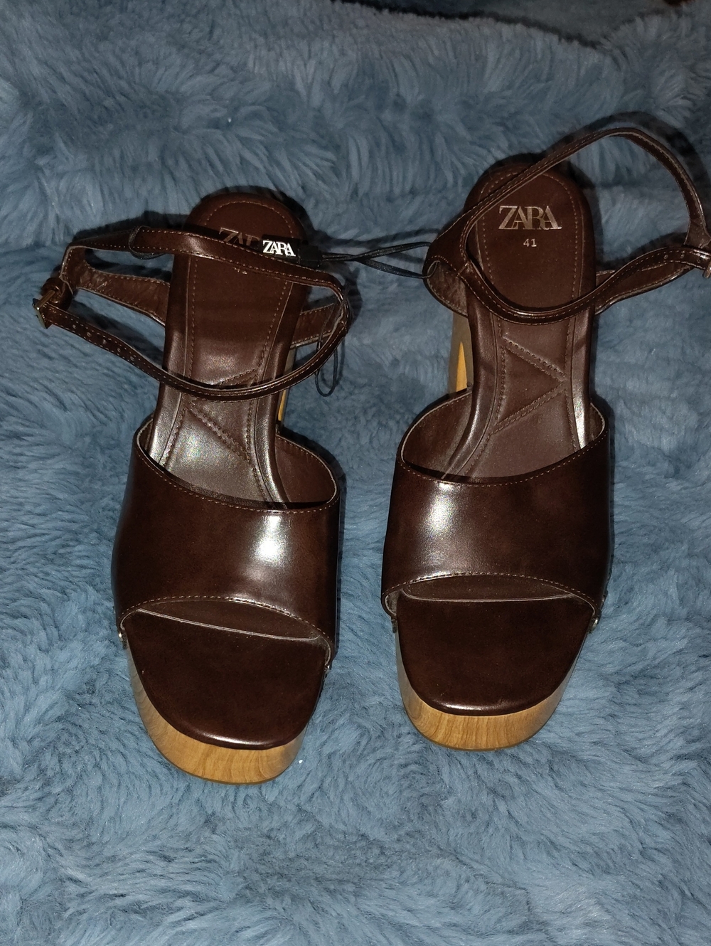 ZARA Dark Brown Leather Platform Sandals with Ankle Strap
